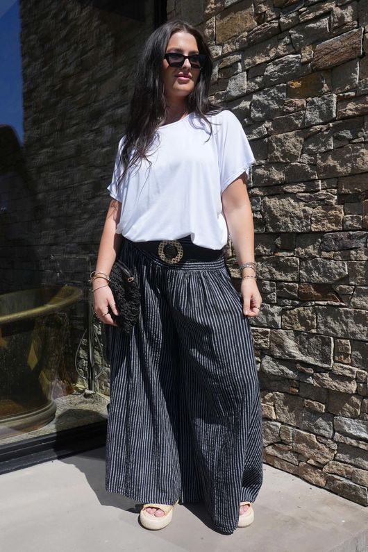 Made in Italy Marina Chalk Stripe Palazzo Pant Black
